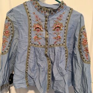 Zara Light Blue Satin embroidered Blouse